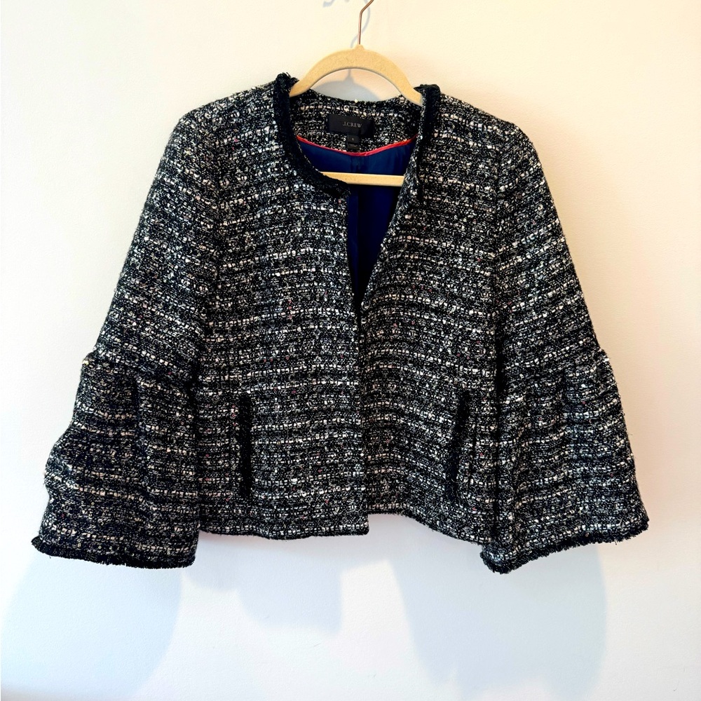 J. Crew Black and White Tweed Sequin Blazer Bell Sleeve Size 6